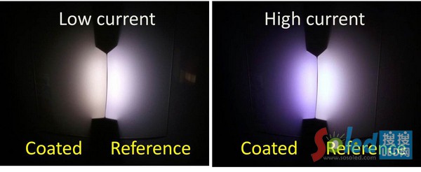 包裹新型材料的LED(Coated)和普通LED(Reference)